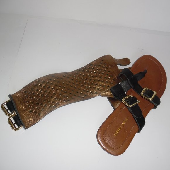 Cynthia Vincent Studded Buckle Black Leather Gladiator Ankle Flats Sandal 7.5 - Picture 8 of 10